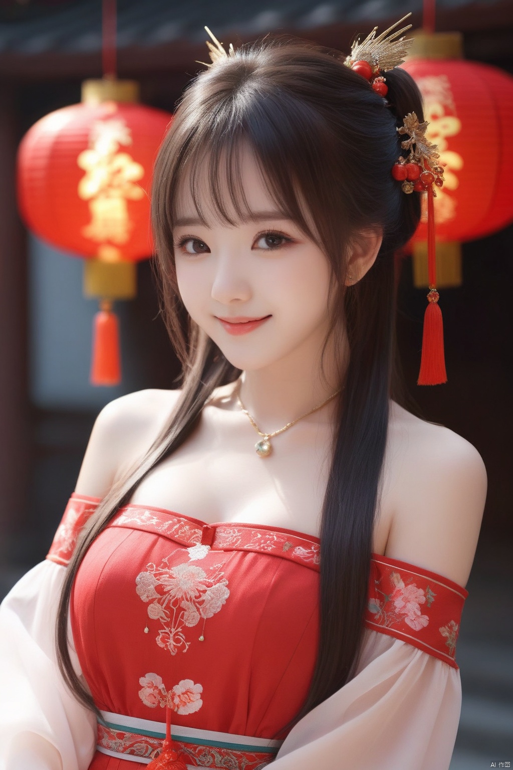  masterpiece,best quality,high quality,(colorful),[[[[Artist wlop:0.1]]]],loli,Ling Yuan (Virtual Singer), 1girl, solo, brown hair, dress, open mouth, long hair, red eyes, smile, chinese clothes, looking at viewer, blurry, hair ornament, red dress, cleavage, breasts, jewelry, ahoge, blurry background, side ponytail, bracelet, very long hair, bare shoulders, nail polish, upper body(big_breasts:1.4)