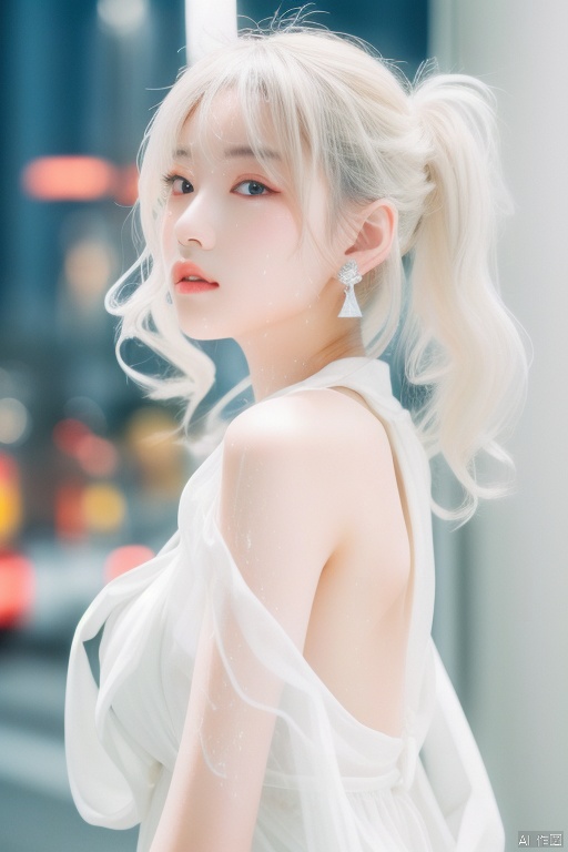  8k,masterpiece, best quality, highres, 1girl, earringS,
looking at viewer, twintails, white hair, backless outfit,
uchikake, wet dress, blush, lips, fishnets, breasts, chest
jewel, neon lights, cityscape, pillarboxed, girl, Asian girl, Purity Portait