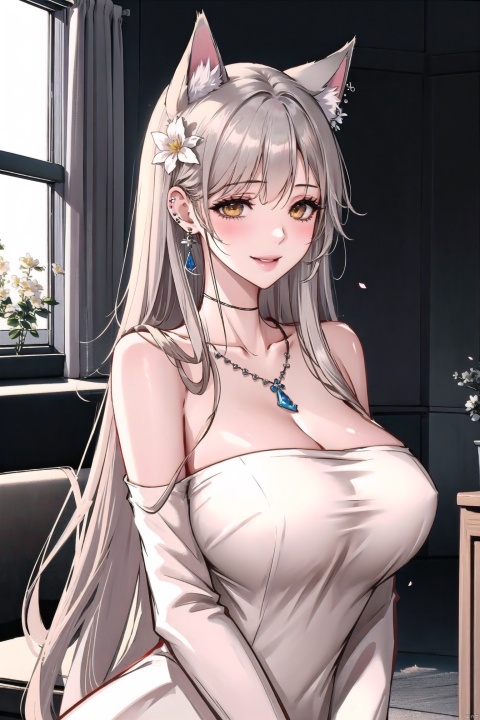  Extra large breasts,1girl, solo, long hair, looking at viewer, blush, smile, bangs, shirt, hair ornament, long sleeves, dress, animal ears, brown eyes, jewelry, medium breasts, very long hair, yellow eyes, white shirt, upper body, flower, grey hair, earrings, parted lips, indoors, cat ears, hair flower, necklace, white dress, lips, animal ear fluff, petals, piercing, ear piercing, extra ears
