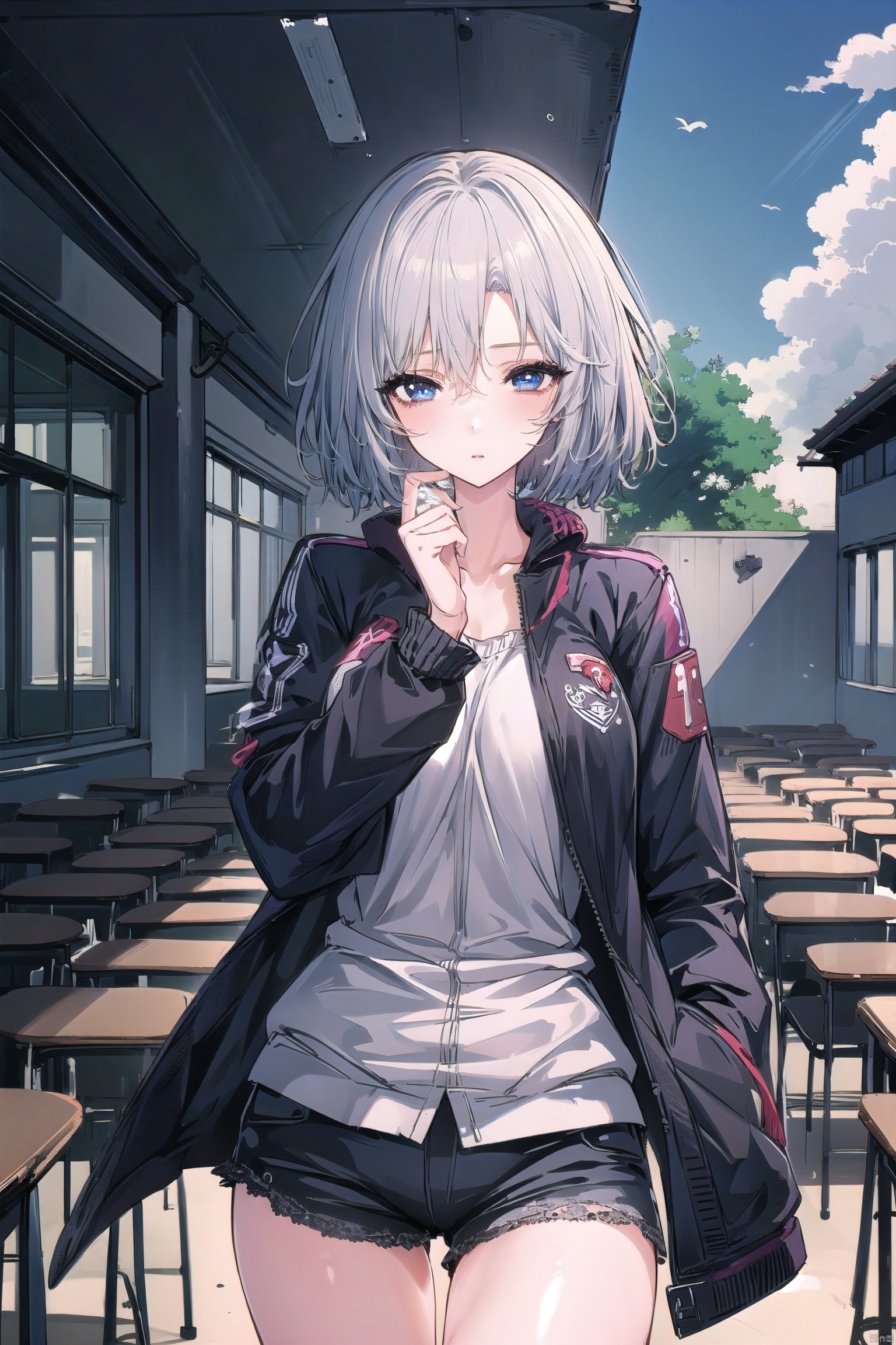 (((masterpiece))),best quality,illustration,(((1girl))),((cute anime face)),(beautiful detailed girl),expressionless,cold attitude,red pupils,short hair,white hair,(((beautiful detailed eyes))),jacket,cracked floor,damaged classroom,Tables and chairs in disarray,The residual eaves DuanBi,beautiful sky,cumulus,mouldy,floating,wind,Dead end machine,(broken robot),(Mechanical girl),realistic,masterpiece,best quality