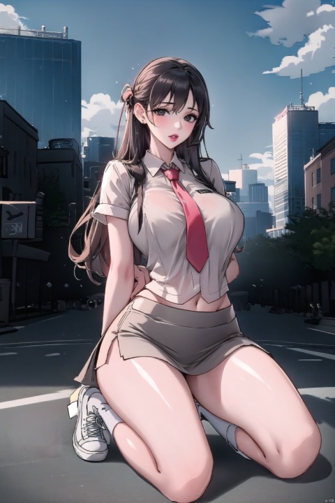  Extra large breasts,1girl,solo,skirt,necktie,black hair,long hair,shirt,looking at viewer,pencil skirt,shoes,miniskirt,sneakers,white shirt,kneeling,socks,bangs,sitting,blue skirt,arms behind back,lipstick,red lips,lips,makeup,black eyes,full body,Aerial View,1girl,solo,(a giant girl),(masterpiece),(illustration:1.2),(extremely fine and beautiful),(perfect details)Short skirt,Realistic hand,(unity CG 8K wallpaper),(outdoors:1.2),GTS(Full body:1.05),rampage,((mini city:1.25)),perfect face,scenery,cityskyline,looming,sitting on chair,spread legs