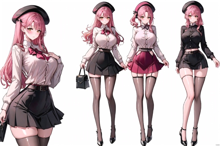  Extra large breasts,1girl, solo, long hair, breasts, looking at viewer, blush, bangs, skirt, simple background, shirt, thighhighs, long sleeves, hat, bow, medium breasts, closed mouth, standing, full body, yellow eyes, white shirt, pink hair, shiny, belt, black thighhighs, black skirt, bag, black footwear, high heels, shiny hair,  black headwear, buttons, beret, shiny clothes, handbag, skirt hold, zoom layer