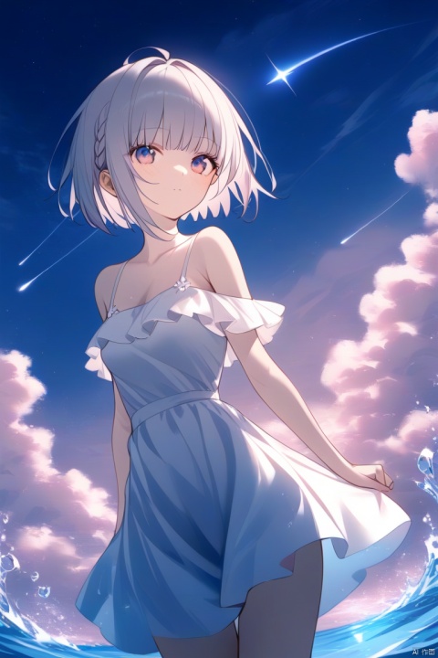  1girl1.2,water,white and pupple eyes, short hair,flowers,bare shoulders,white dress,more details,light,sparkle,cloudy_sky,rosy clouds,shooting star