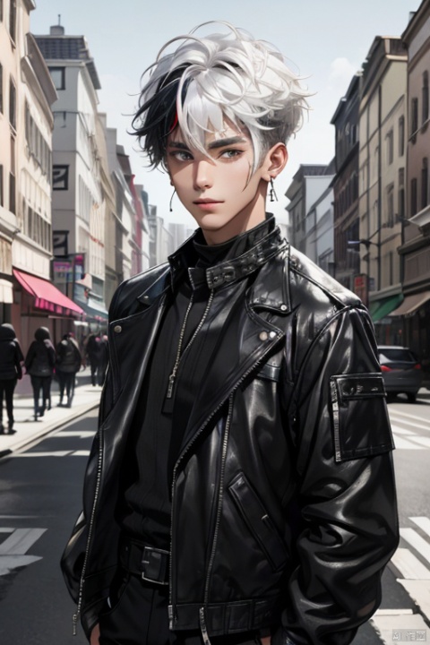 1boy,outdoors,looking at viewer,upper body,multicolored hair,full_shot,white hair,messy hair,cross_earrings,panorama,multicolored_background,short hair,hair in takes,black leather jacket,