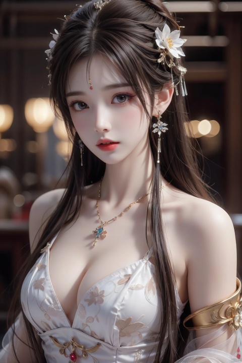 (masterpiece:1.2),best quality,highres,extremely detailed CG,perfect lighting,8k wallpaper,1girl, breasts, jewelry, earrings, solo, long hair, dress, cleavage, white dress, parted lips, looking at viewer, medium breasts, brown hair, hair ornament, brown eyes, upper body, lips, realistic, bare shoulders, collarbone, black hair, qingyi