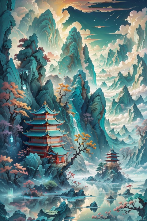 clouds and mist,Chinese architectural complex, luminous mountains, transparent quartz crystal,outdoors, sky, cloud, water, tree, no humans ,cloudy sky, nature, scenery, mountain, architecture, east asian architecture, waterfall, pagoda,Green mountains and green waters, waterfalls, clouds, fog, fairyland on the world