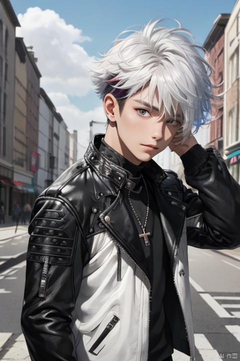 1boy,outdoors,looking at viewer,upper body,multicolored hair,full_shot,white hair,messy hair,cross_earrings,panorama,multicolored_background,short hair,hair in takes,black leather jacket,