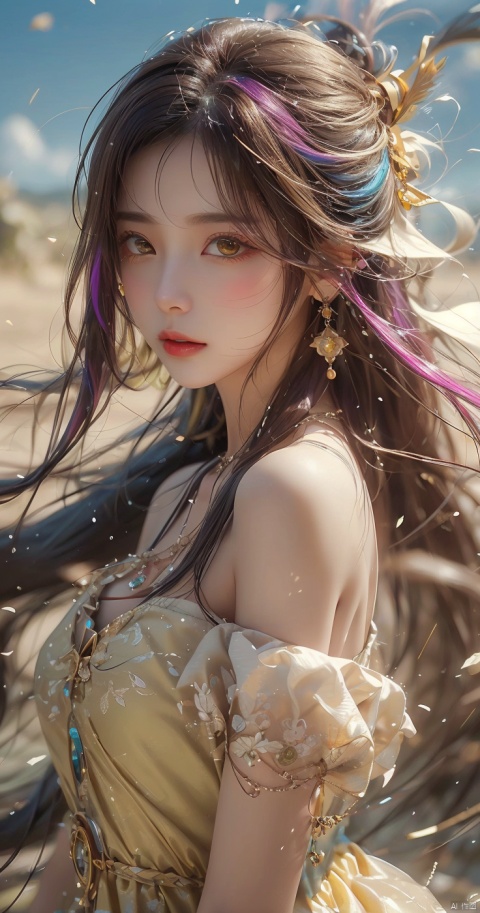  1girl,Bangs, off shoulder, colorful_hair, ((colorful hair)),golden dress, yellow eyes, chest, necklace, pink dress, earrings, floating hair, jewelry, sleeveless, very long hair,Looking at the observer, parted lips, pierced,energy,electricity,magic,tifa,sssr,blonde hair,jujingyi, wangyushan, dofas, forehead mark