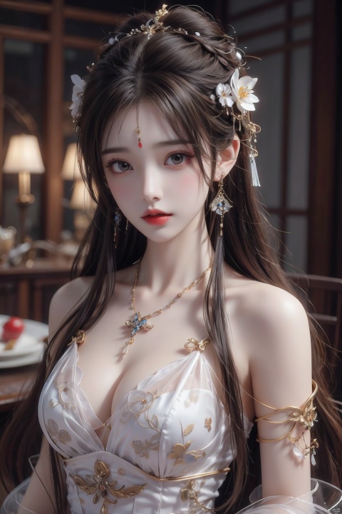 (masterpiece:1.2),best quality,highres,extremely detailed CG,perfect lighting,8k wallpaper,1girl, breasts, jewelry, earrings, solo, long hair, dress, cleavage, white dress, parted lips, looking at viewer, medium breasts, brown hair, hair ornament, brown eyes, upper body, lips, realistic, bare shoulders, collarbone, black hair, qingyi,cowboy_shot,