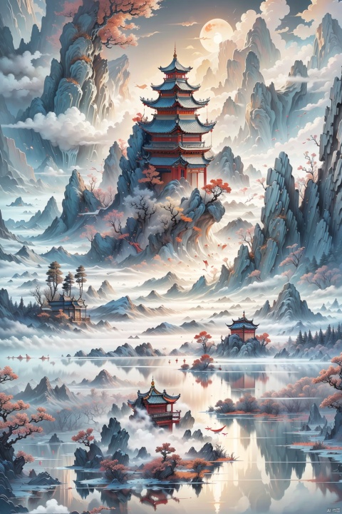  (ultra detailed, High quality ,best quality, High precision, Fine luster, UHD, 16k), (official art, masterpiece, illustration), A landscape painting with a lake, pine trees and a sunset, thick fog, with clear new pop illustrations, (large area of white space, one-third composition: 1.3), minimalist world, beige gray, Chinese Jiangnan scenery, digital printing, lake and mountain scenery, sunset and solitary crane flying together, guofeng, xinxihuan,zydink,white background
