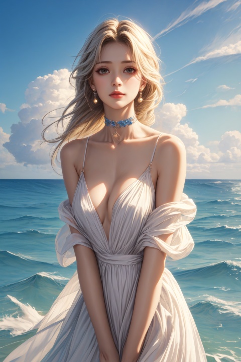(best quality),((masterpiece)),(highres),solowhite background,1girl, breasts, outdoors, long hair, solo, cleavage, large breasts, looking at viewer, day, sky, choker, blue sky, white hair, bare shoulders, dress, ocean,collarbone, lips, closed mouth, sleeveless, water, standing, collar, cloud, parted bangs, bangs, Deep-v swimsuit, taut clothes, forehead,