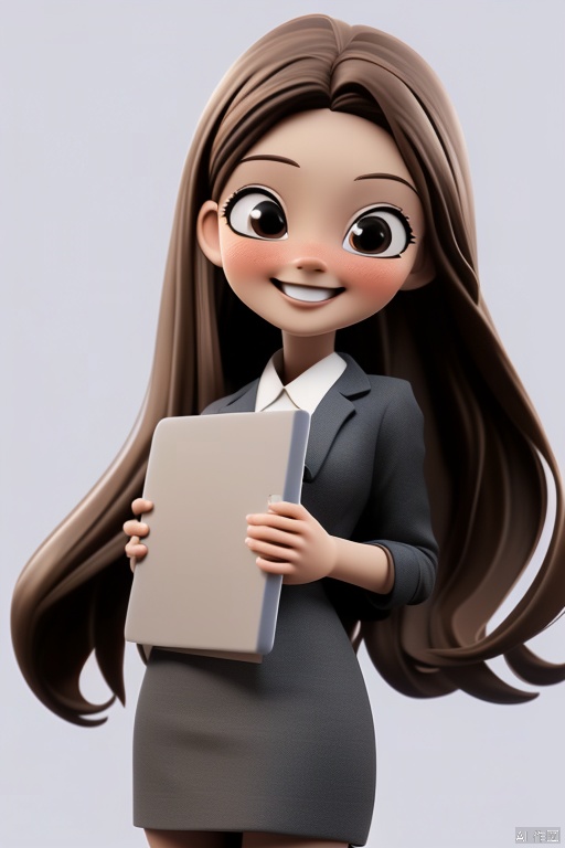  The background is white, a beautiful girl in a suit with long brown hair and a bright smile and a folder in her hands
