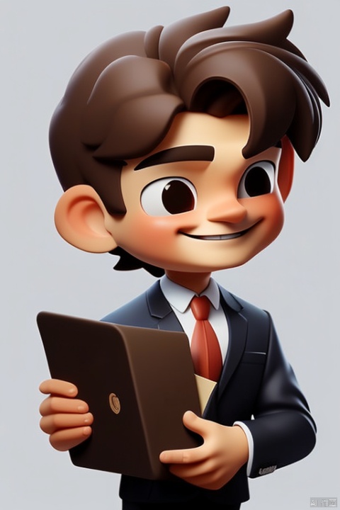 The background is white, a handsome boy in a suit with short brown hair, a bright smile, and a folder in his hands
