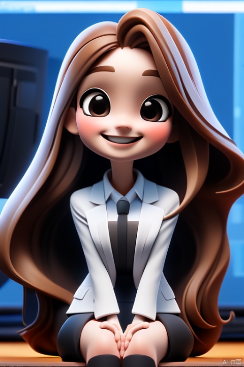 The background is white, a beautiful girl in a suit with long brown hair and a bright smile sitting in front of a computer