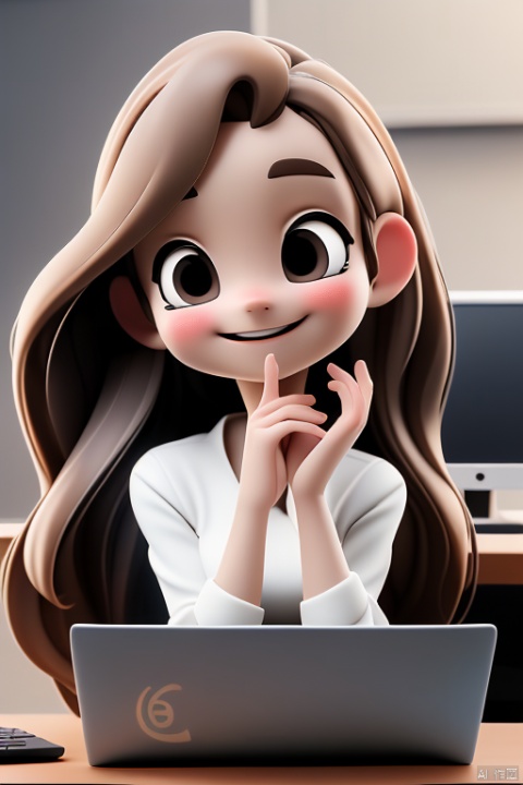  The background is white, a beautiful girl in a white shirt with long brown hair and a bright smile sitting in front of a computer is working