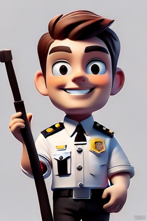  The background is white, a handsome boy in a security guard outfit with short brown hair, a big smile, and a black stick