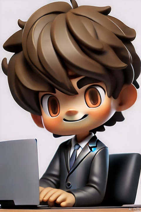 The background is white, a handsome boy in a suit with short brown hair and a bright smile, sitting in front of a computer
