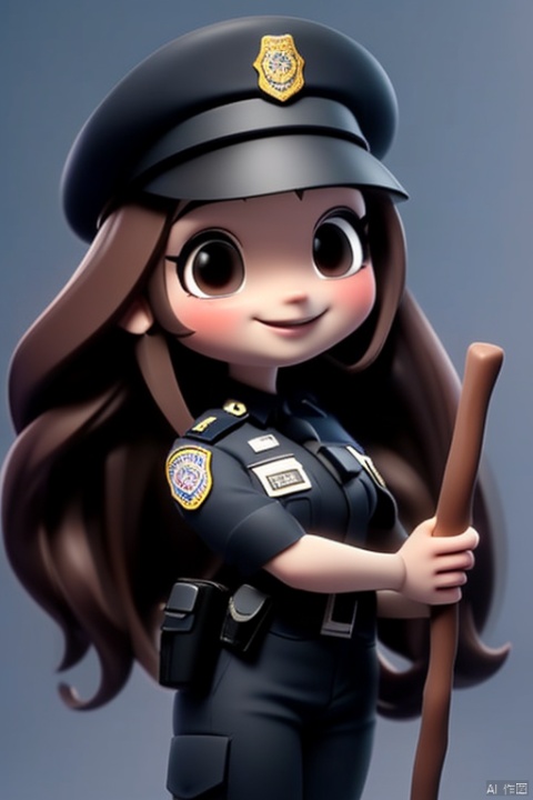  The background is white, a beautiful girl in a police uniform with long brown hair, a bright smile, and a black stick in her hand