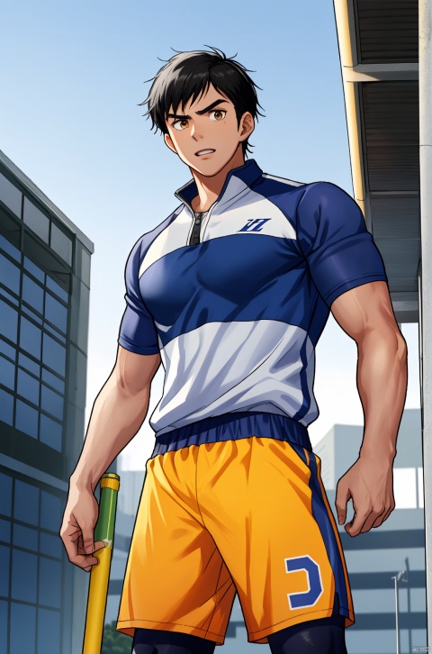 Male, teenager, wearing sports gear, possessing extraordinary talent and determination. He has an ordinary appearance, short black hair, and brown pupils. Physically fit and well-trained. The King of Champions, unrivaled.
