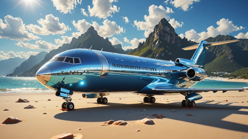 Aircraft,
Beach,
mountains,
Adequate sunlight,
The surface of blue and gemstone materials is smooth and reflective without any text,