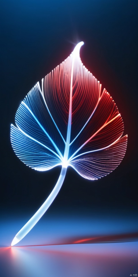 Flaming leaf flying, optical fiber transparent material style, minimalist design, ethereal phantom, lifelike, blue and red tones,