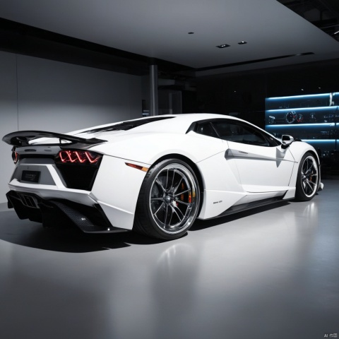  ultra highres, masterpiece, best quality, sport car, from side, , neon lights, white theme, indoors, transparent, , greyscale,