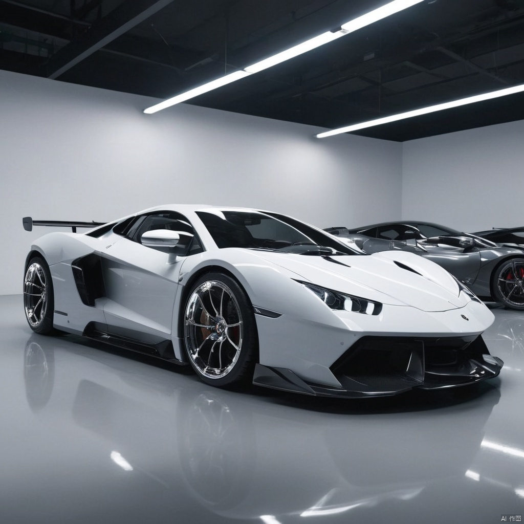  ultra highres, masterpiece, best quality, sport car, from side, , neon lights, white theme, indoors, transparent, , greyscale,