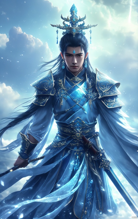 masterpiece,high quality,fantastic,fantastic,warrior,deity,celestial,ethereal,fantasy,ancient,armor,sword,crown,sky,divine, hanfu,hf_xy