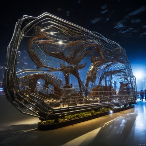 dynamic sculpture featuring elements of the Yangtze River,shipbuilding, and automotive culture, daping,with an abstract metallic framework,eco-friendly materials,and interactive light and shadow effects, symbolizing Wuhu's city spirit,a blend of nature and industry,and sustainable development