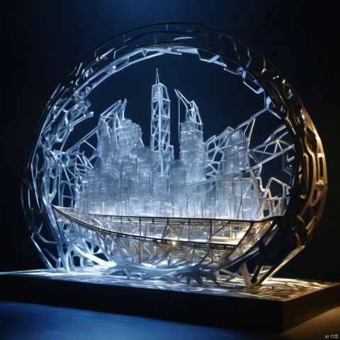 dynamic sculpture featuring elements of the Yangtze River,shipbuilding, and automotive culture, daping,with an abstract metallic framework,eco-friendly materials,and interactive light and shadow effects, symbolizing Wuhu's city spirit,a blend of nature and industry,and sustainable development,created with 3D printing technology., Sculpted