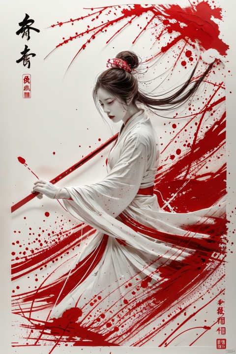  a girl, smwuxia,chinese text,blood, weapon:sw,blood splatter,motion blur,text