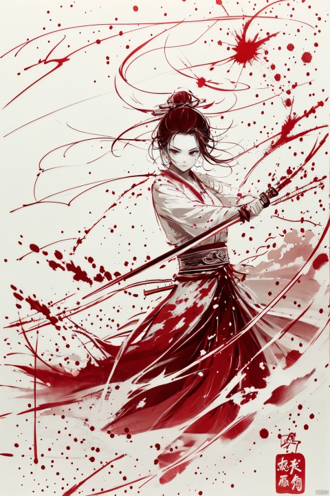  a girl, smwuxia,chinese text,blood, weapon:sw,blood splatter,motion blur,text