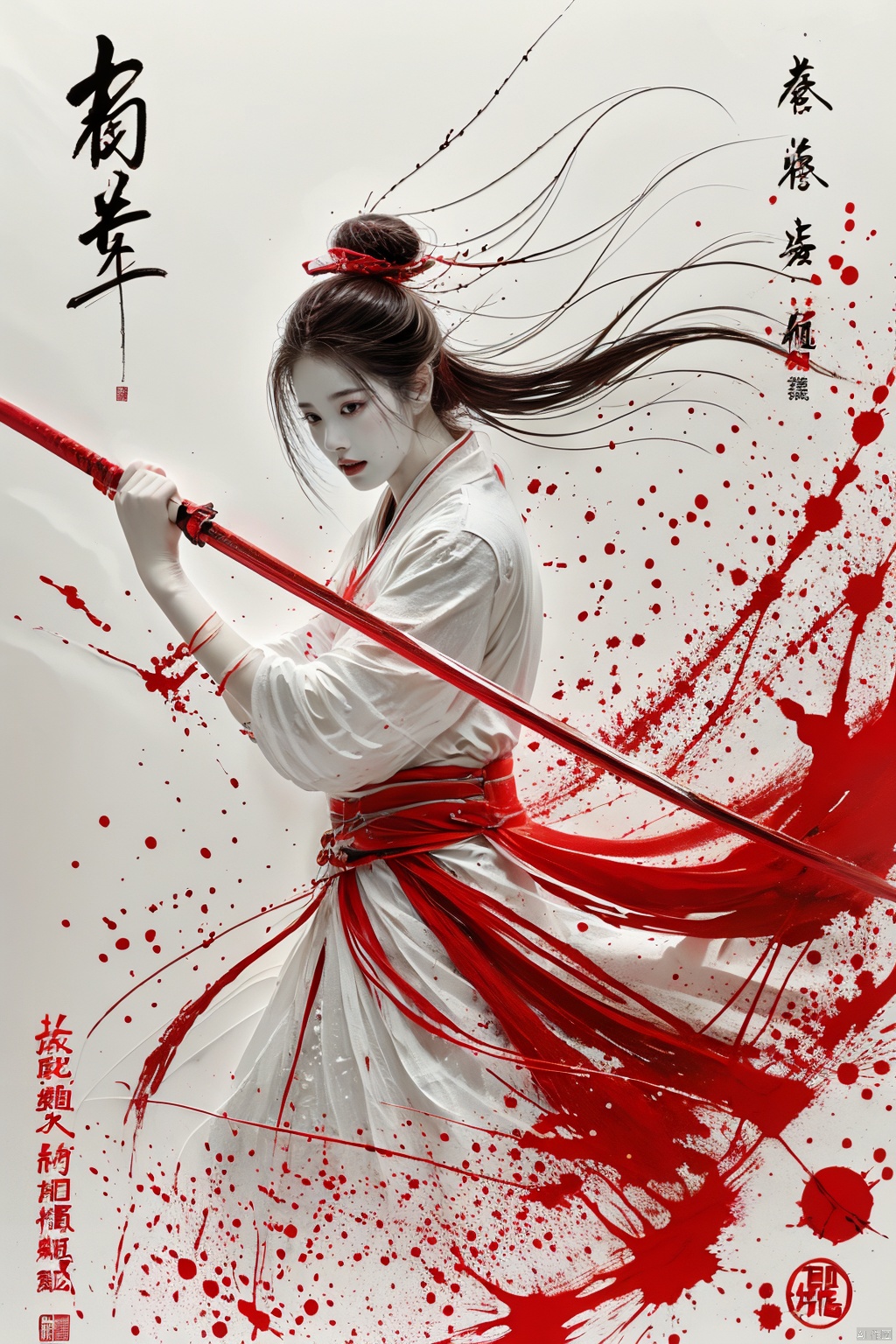  a girl, smwuxia,chinese text,blood, weapon:sw,blood splatter,motion blur,text