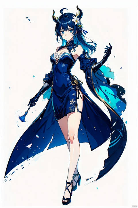  (masterpiece, best quality,top quality),[(white background:1.2)::5],(wide shot:0.95),Dynamic angle,(full body),gicvp, 1girl, girl's body type, liyue, cryo, solo, horns, gloves, blue hair, ahoge, high heels, bell, dress, looking at viewer, purple eyes, black gloves, breasts, bangs, hair ornament, thighlet, detached sleeves, simple background, long hair, alternate costume, bare shoulders, medium breasts, neck bell, tassel, vision, standing, chinese clothes, elbow gloves, bare legs, flower, smile, black footwear, hair between eyes, goat horns, blue dress, sidelocks, bow, official alternate costume, hair flower, chinese knot, gold trim, flower knot, hand up, china dress,depth_of_field,particle effects,