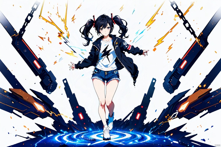 (masterpiece, best quality,top quality),[(white background:1.4)::5],(wide shot:0.95),Dynamic angle,(full body),solo,1girl,mecha musume,robot joints,blush,standing,denim_jacket,(black hair:1.2),twintails,(detailed light),(lightning in hand),lightning surrounds,(lightning chain),depth_of_field,particle effects,