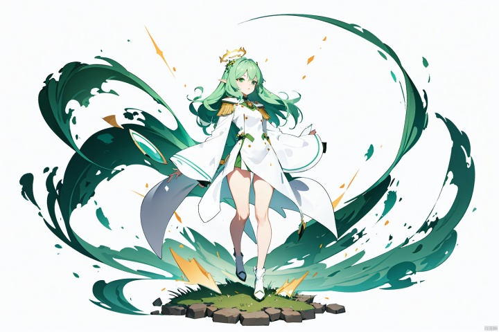  (masterpiece, best quality,top quality),gicard,[(white background:1.5)::5],(wide shot:0.95),(full body),Dynamic angle,solo,1girl,green hair,(green coat:1.1),wavy hair,long hair,elf ears,long_dress,halo,adapted_uniform,cross,looking at viewer,in winter,grove in background,depth_of_field,particle effects,
