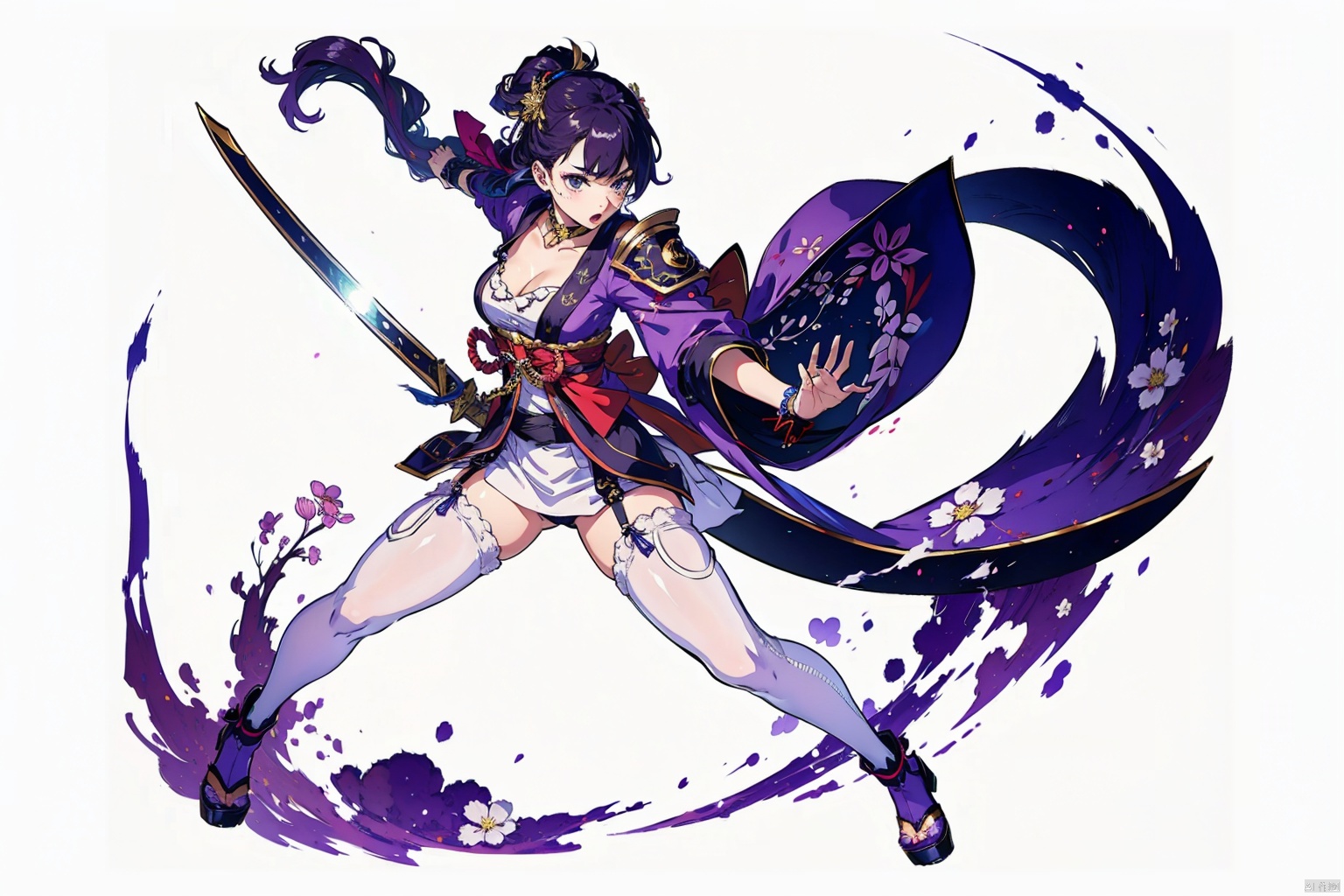  (masterpiece, best quality,top quality),[(white background:1.2)::5],(wide shot:0.95),Dynamic angle,(full body),gicvp,female's body type,1girl,inazuma,electro,human scabbard,solo,sword,weapon,purple hair,purple eyes,(purple_thighhighs:1.5),musou isshin,japanese clothes,long hair,braid,kimono,holding sword,hair ornament,holding weapon,simple background,holding,breasts,looking at viewer,obi,bangs,wide sleeves,sash,drawing sword,mole,electricity,mole under eye,bridal gauntlets,mitsudomoe,(shape),tomoe,(symbol),armor,obiage,obijime,long sleeves,flower,tassel,braided ponytail,cleavage,shoulder armor,large breasts,closed mouth,katana,ribbon,gicard,(sakura_tree in background:1.2),sakura,Japanese Ba pattern,depth_of_field,particle effects,