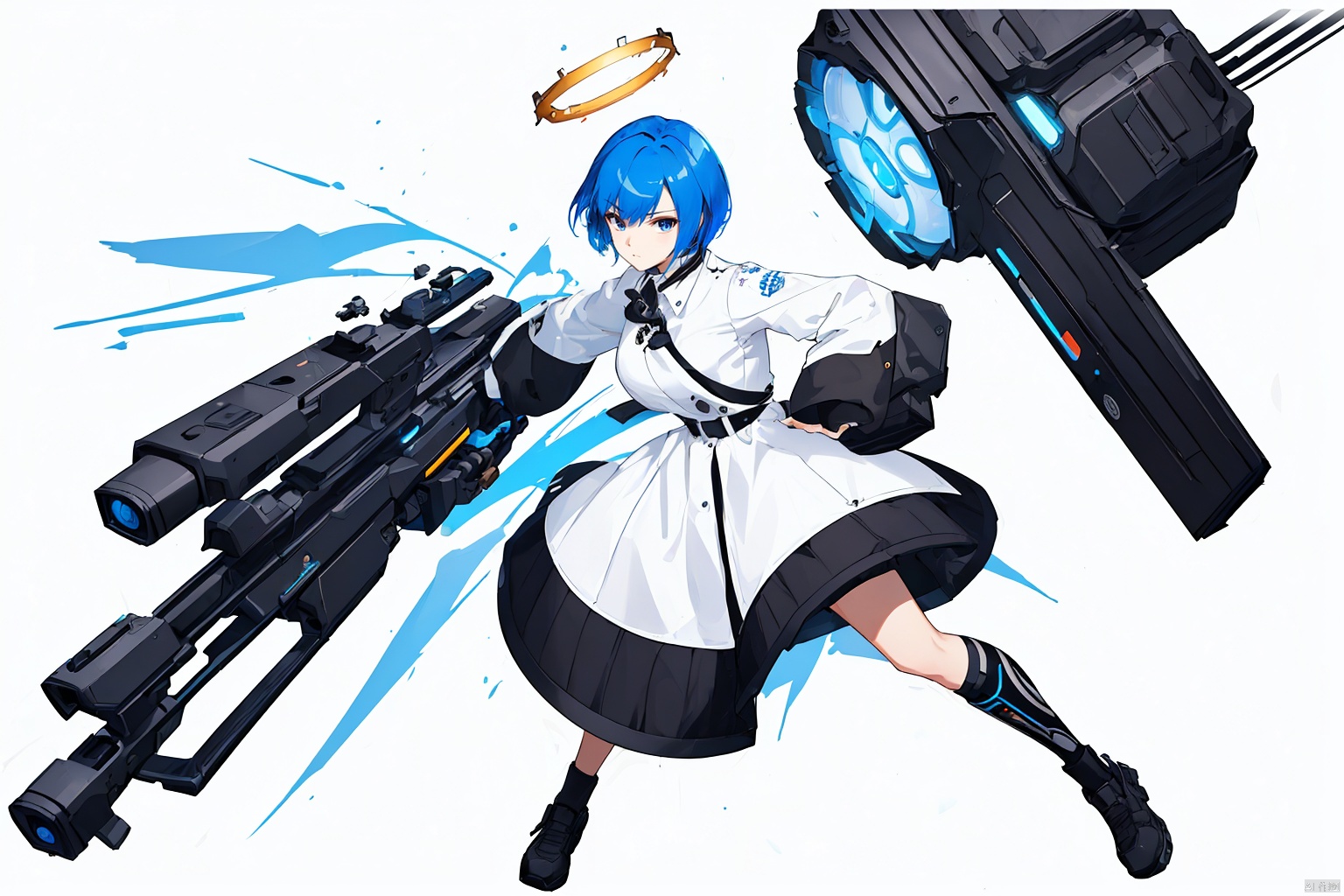 (masterpiece, best quality),gicard,[(white background:1.3)::5],(wide shot:0.95),(full body),Dynamic angle,solo,1girl,(blue hair),mechanical_halo,(short hair),(black coat:1.2),brown eyes,holding gun,running,(fighting:1.1),looking at viewer,cyberpunk,particle effects,