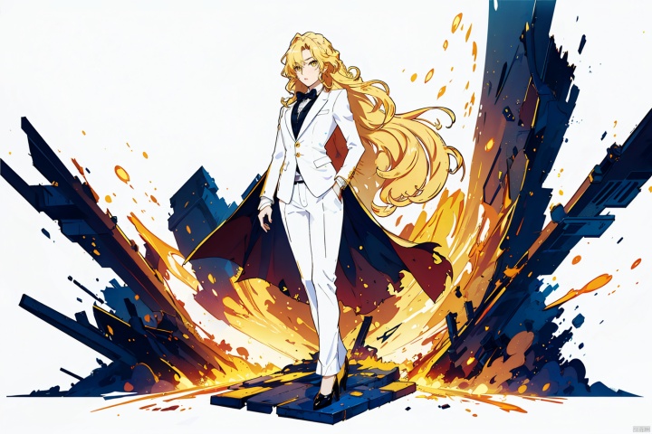 (masterpiece, best quality,top quality),[(white background:1.4)::5],(wide shot:0.95),Dynamic angle,(full body),solo,1girl,blonde hair,wavy hair,long hair,yellow eyes,mature female,suit,tuxedo,pants,high_heels,sunrise,golden sky,magnificent architecture,beautiful detailed sky,overexposure,delicate gold metal decorations,depth of field,particle effects,