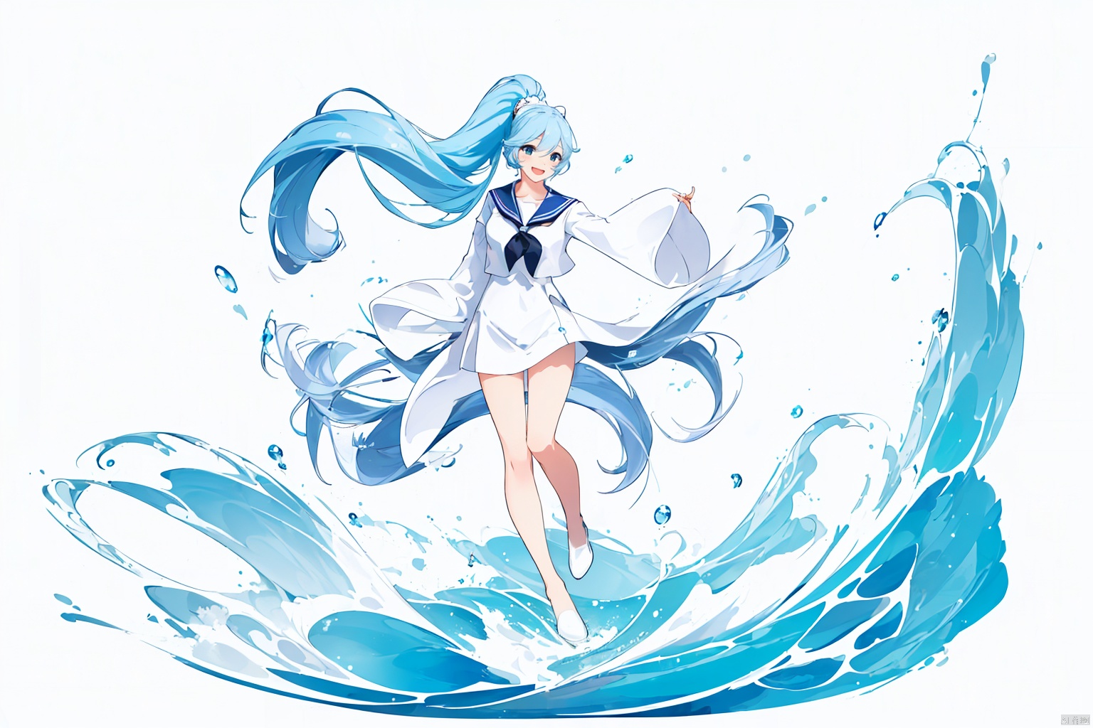  (masterpiece, best quality),gicard,[(white background:1.5)::5],(wide shot:0.95),(full body),Dynamic angle,solo,1girl,looking at viewer,(sailor:1.2),high ponytail,(very long hair:1.2),light blue hair,long hair,laughing,sun,cirrus,sky,beach,palm_tree,penguin,depth of field,particle effects,high ponytail,