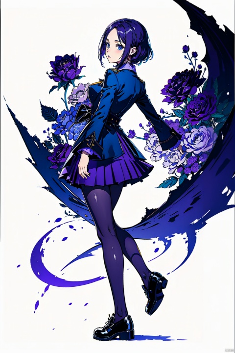  (masterpiece, best quality,top quality),[(white background:1.2)::5],(wide shot:0.95),Dynamic angle,(full body),gicvp,1girl,solo,official,purple eyes,(purple hair:1.2),(blue coat),black footwear,(purple pantyhose:1.2),purple gloves,standing,(purple microskirt:1.2),purple theme,hands behind back,5fingers,flower,gicard,rose,yellow flower,glowing,(gothic architecture in background:1.1),depth_of_field,particle effects,