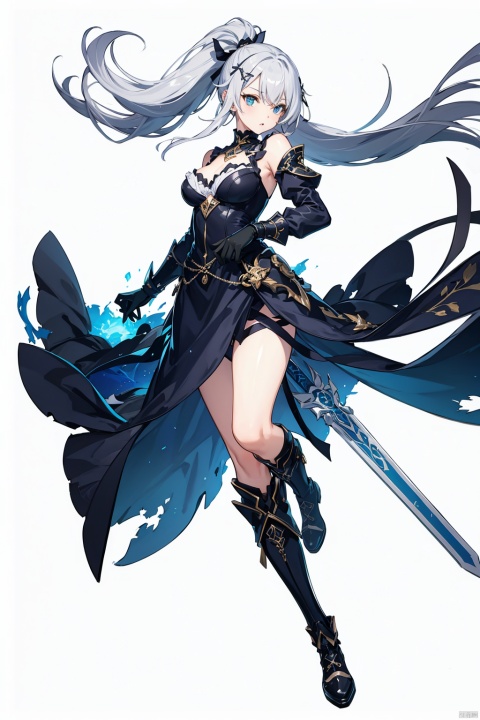 (masterpiece, best quality,top quality),[(white background:1.2)::5],(wide shot:0.95),Dynamic angle,(full body),gicvp,1girl, solo, long hair, gloves, full body, weapon, holding, boots, breasts, black gloves, dress, bangs, detached sleeves, holding weapon, sword, red eyes, simple background, bare shoulders, looking at viewer, closed mouth, holding sword, ponytail, black footwear, white hair, blue dress, floating hair, hair ornament, cleavage, grey hair, armor, hair over one eye, long sleeves,depth_of_field,particle effects,