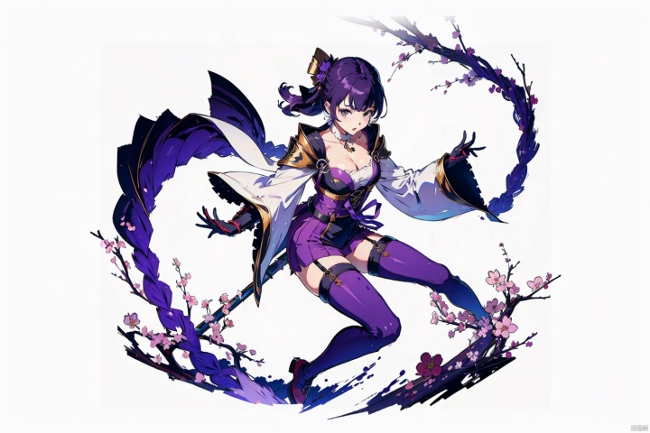  (masterpiece, best quality,top quality),[(white background:1.2)::5],(wide shot:0.95),Dynamic angle,(full body),gicvp,female's body type,1girl,inazuma,electro,human scabbard,solo,sword,weapon,purple hair,purple eyes,(purple_thighhighs:1.5),musou isshin,japanese clothes,long hair,braid,kimono,holding sword,hair ornament,holding weapon,simple background,holding,breasts,looking at viewer,obi,bangs,wide sleeves,sash,drawing sword,mole,electricity,mole under eye,bridal gauntlets,mitsudomoe,(shape),tomoe,(symbol),armor,obiage,obijime,long sleeves,flower,tassel,braided ponytail,cleavage,shoulder armor,large breasts,closed mouth,katana,ribbon,gicard,(sakura_tree in background:1.2),sakura,Japanese Ba pattern,depth_of_field,particle effects,