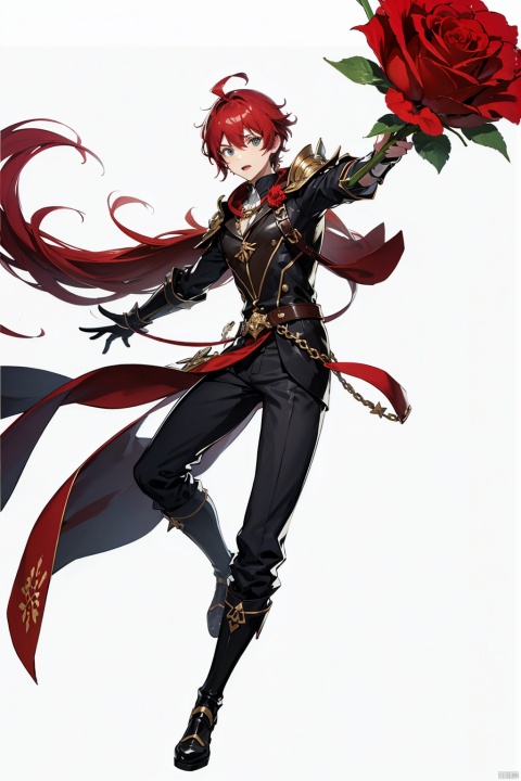 (masterpiece, best quality,top quality),[(white background:1.2)::5],(wide shot:0.95),Dynamic angle,(full body),gicvp,1boy, flower, male focus, red hair, long hair, solo, holding flower, rose, red eyes, white background, armor, full body, simple background, holding, red flower, red rose, gauntlets, ahoge, diluc (genshin impact), pants, standing,depth_of_field,particle effects,