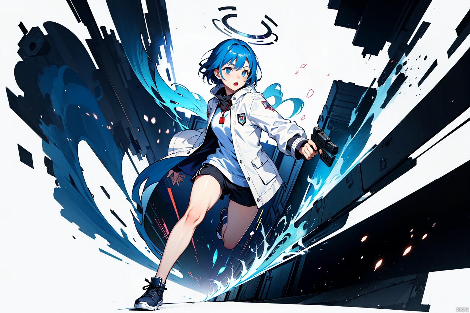  (masterpiece, best quality),gicard,[(white background:1.5)::5],(wide shot:0.95),(full body),Dynamic angle,solo,1girl,(blue hair),mechanical_halo,(short hair),black coat,brown eyes,holding gun,running,(fighting:1.1),looking at viewer,cyberpunk,particle effects,