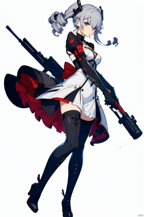 (masterpiece, best quality,top quality),[(white background:1.2)::5],(wide shot:0.95),Dynamic angle,(full body),gicvp,1girl, solo, weapon, sniper rifle, long hair, grey hair, grey eyes, gloves, boots, full body, white background, thigh boots, bangs, holding weapon, looking at viewer, earrings, holding, holding sniper rifle, jewelry, simple background, bronya zaychik, rifle, closed mouth, black gloves, thighhighs, dress, pantyhose, hair between eyes, elbow gloves, drill hair, black footwear, standing, breasts, high heels,depth_of_field,particle effects,