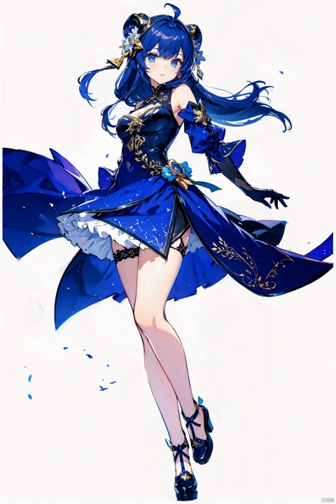  (masterpiece, best quality,top quality),[(white background:1.2)::5],(wide shot:0.95),Dynamic angle,(full body),gicvp, 1girl, girl's body type, liyue, cryo, solo, horns, gloves, blue hair, ahoge, high heels, bell, dress, looking at viewer, purple eyes, black gloves, breasts, bangs, hair ornament, thighlet, detached sleeves, simple background, long hair, alternate costume, bare shoulders, medium breasts, neck bell, tassel, vision, standing, chinese clothes, elbow gloves, bare legs, flower, smile, black footwear, hair between eyes, goat horns, blue dress, sidelocks, bow, official alternate costume, hair flower, chinese knot, gold trim, flower knot, hand up, china dress,depth_of_field,particle effects,