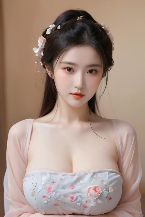 Surrealism beauty portrait, Hanfu, big breasts, L cups, revealing the whole breast, revealing two nipples, sagging breasts, huge breasts. The left and right breasts are symmetrical, the face value is high, and nude photos are taken.