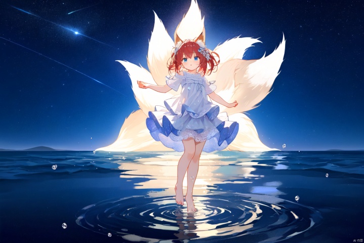 Layered white lace skirt, water surface, full body picture, barefoot stepping on the water surface, ripples, falling from the sky to the water surface, red hair, blue eyes, fox ear girl, starry sky, dancing posture