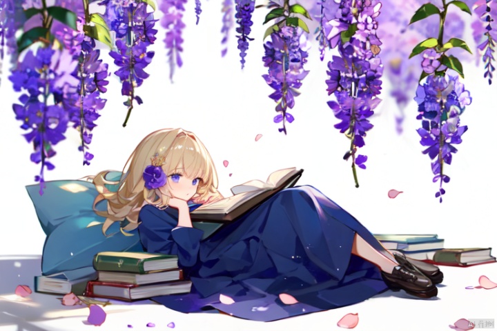  Wisteria blossom, book, male, light golden hair, tree shadow, dark blue dress